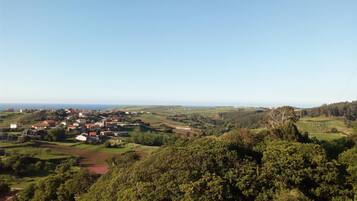 A rural landscape with scattered houses and a clear view of the sea.