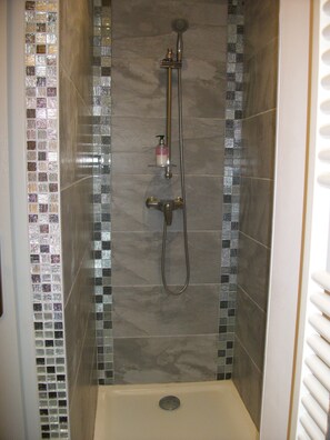 Habitación de lujo doble | Baño | Ducha, artículos de higiene personal gratuitos y secador de pelo