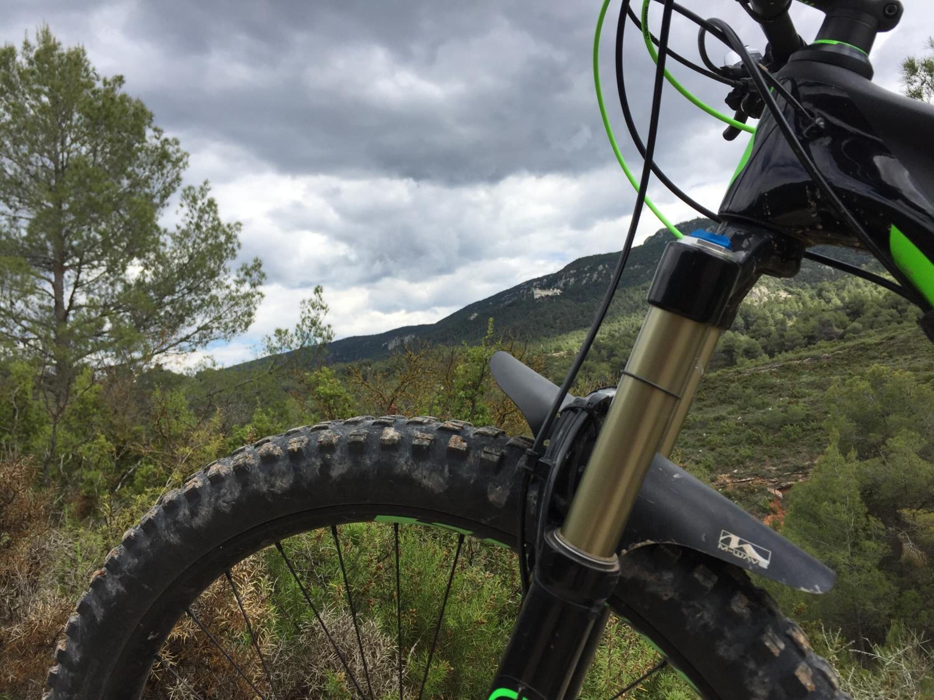 Una bicicleta de montaña con suspensión delantera y rueda trasera, sobre un paisaje montañoso con árboles y cielo nublado.