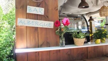 Balcão de madeira com um letreiro que diz "BAR ALBERGUE" e um vaso com flores vermelhas.