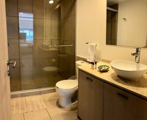 Departamento Confort, 1 cama matrimonial y sofá cama | Baño | Regadera, amenidades de baño gratuitas, secadora de cabello, toallas 