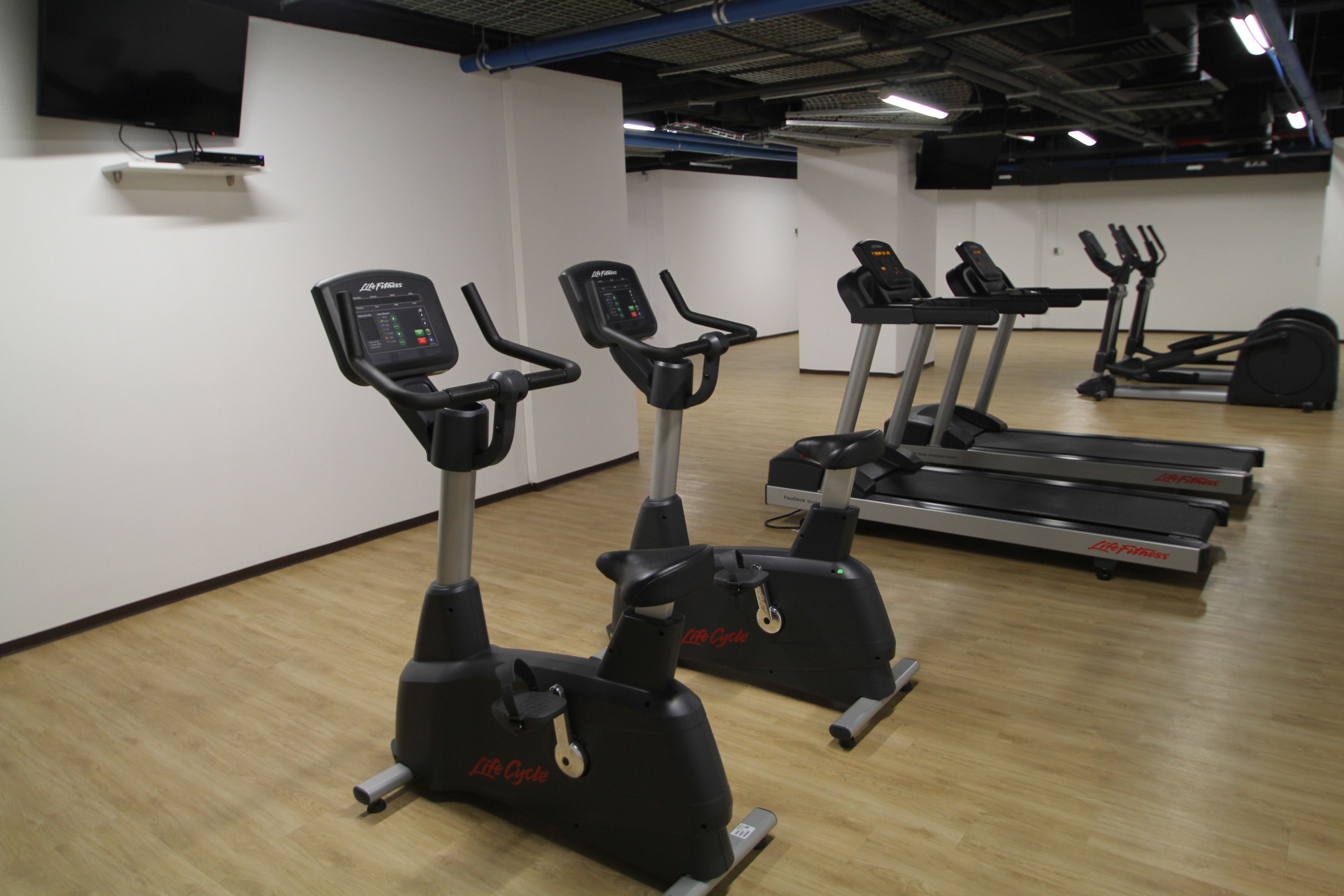 A gym with stationary bikes and treadmills.