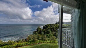 Un balcon avec vue sur l’océan et un espace verdoyant.