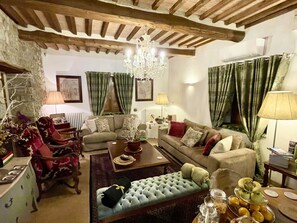 TV, fireplace, books, printers