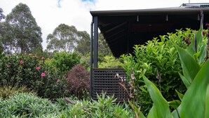 A garden with various plants and a structure with a sloped roof. - St Clair Cottage Peaceful romantic country getaway  (Margaret River)