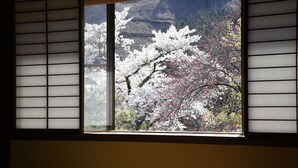 A room with a large window featuring a view of cherry blossoms. - Yado Kanzan (Minakami)