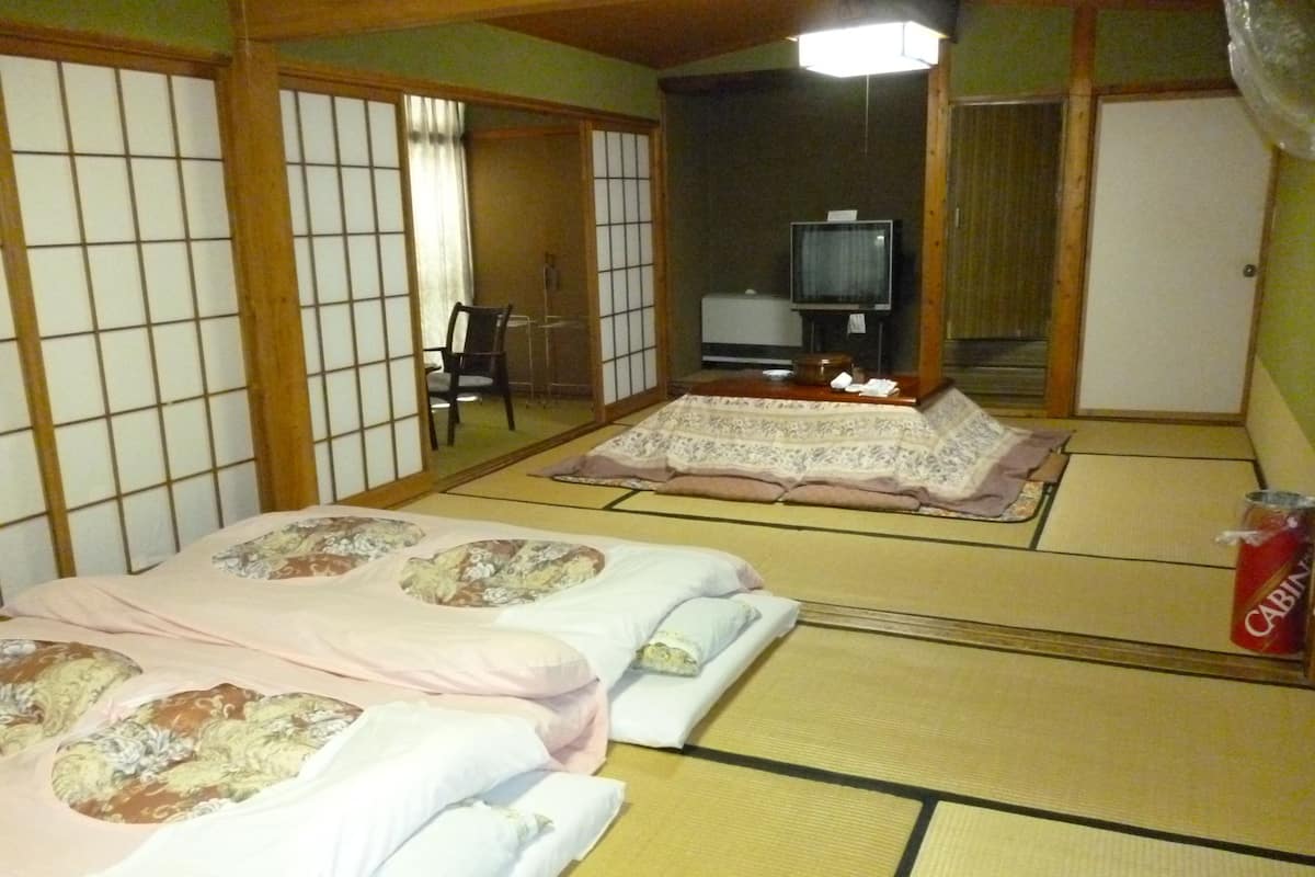 Ein traditioneller japanischer Raum mit Tatami-Bodenbelag, zwei Betten mit Blumenmuster-Bettwäsche, einem Fernseher und einem Holzschrank.
