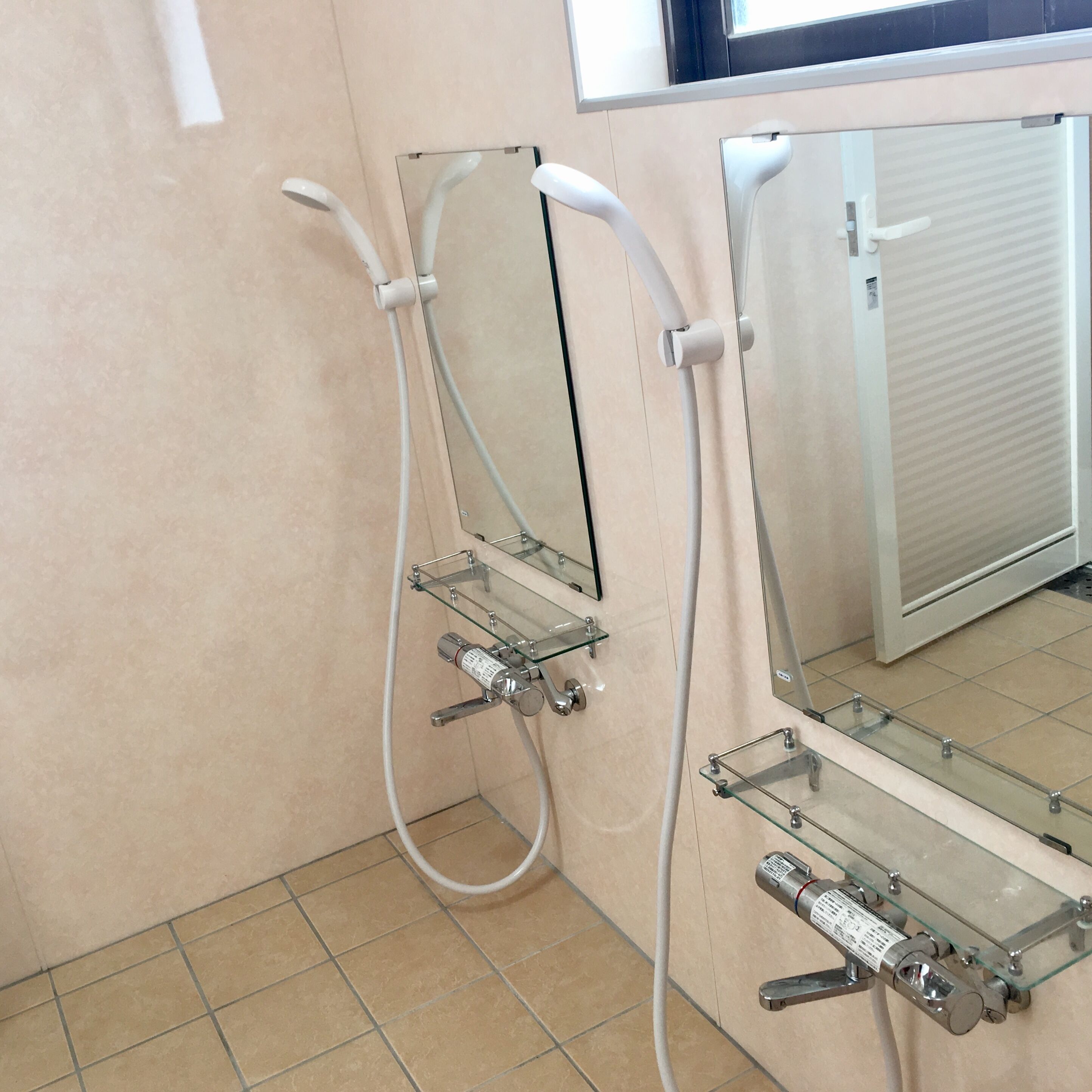 A bathroom with a glass shower enclosure, a mirror, and a towel rack.