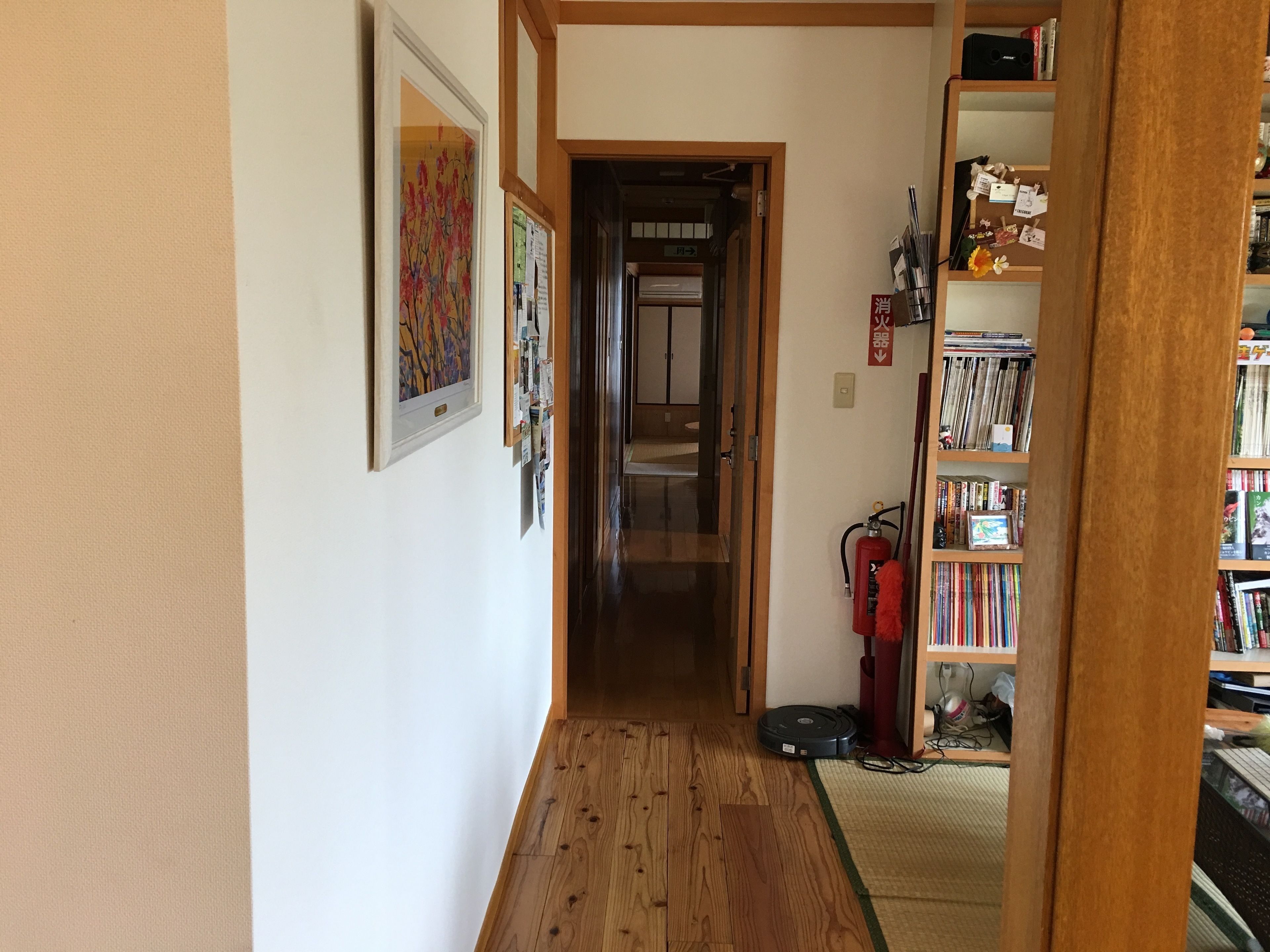 A hallway with wooden flooring, a fire extinguisher, and a bookshelf filled with books.