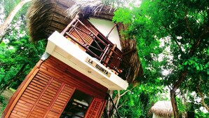 Il s’agit d’une structure en bois sur laquelle est apposée une enseigne indiquant « LA QUINTA ». Elle est dotée d’un balcon surmonté d’un toit de chaume et est entourée d’une végétation luxuriante.