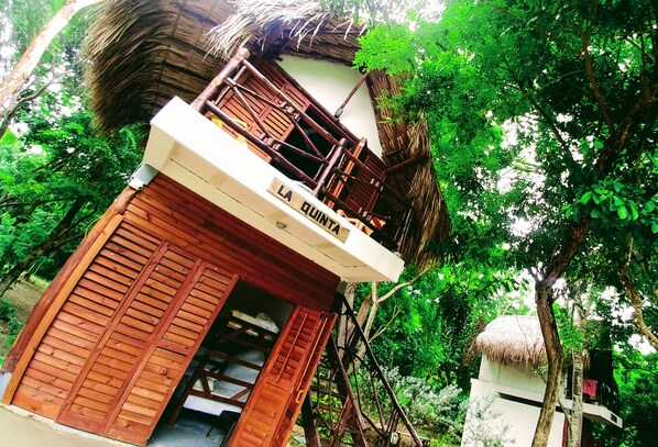 A wooden structure with a sign reading "LA QUINTA". It features a balcony with a thatched roof and is surrounded by lush greenery.