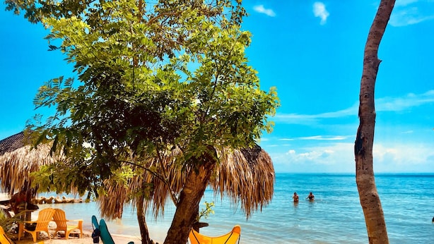 Une plage à l’eau d’un bleu cristallin, une cabane au toit de chaume et plusieurs chaises de plage aux couleurs vives.