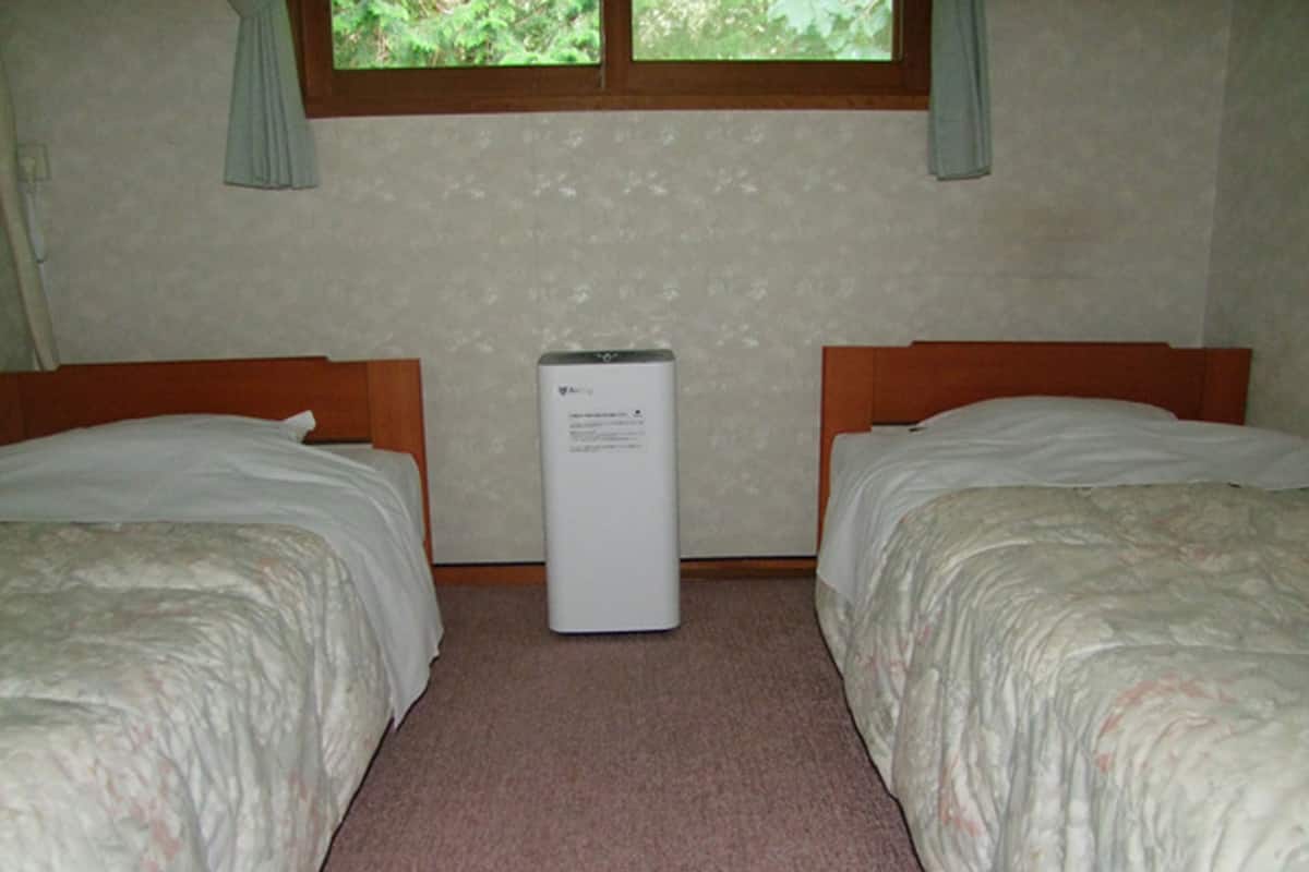 Una habitación con dos camas, un ventanal y un electrodoméstico blanco en el centro.