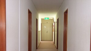 Un pasillo estrecho alfombrado con puertas de madera a ambos lados, que conduce a una puerta cerrada al final.