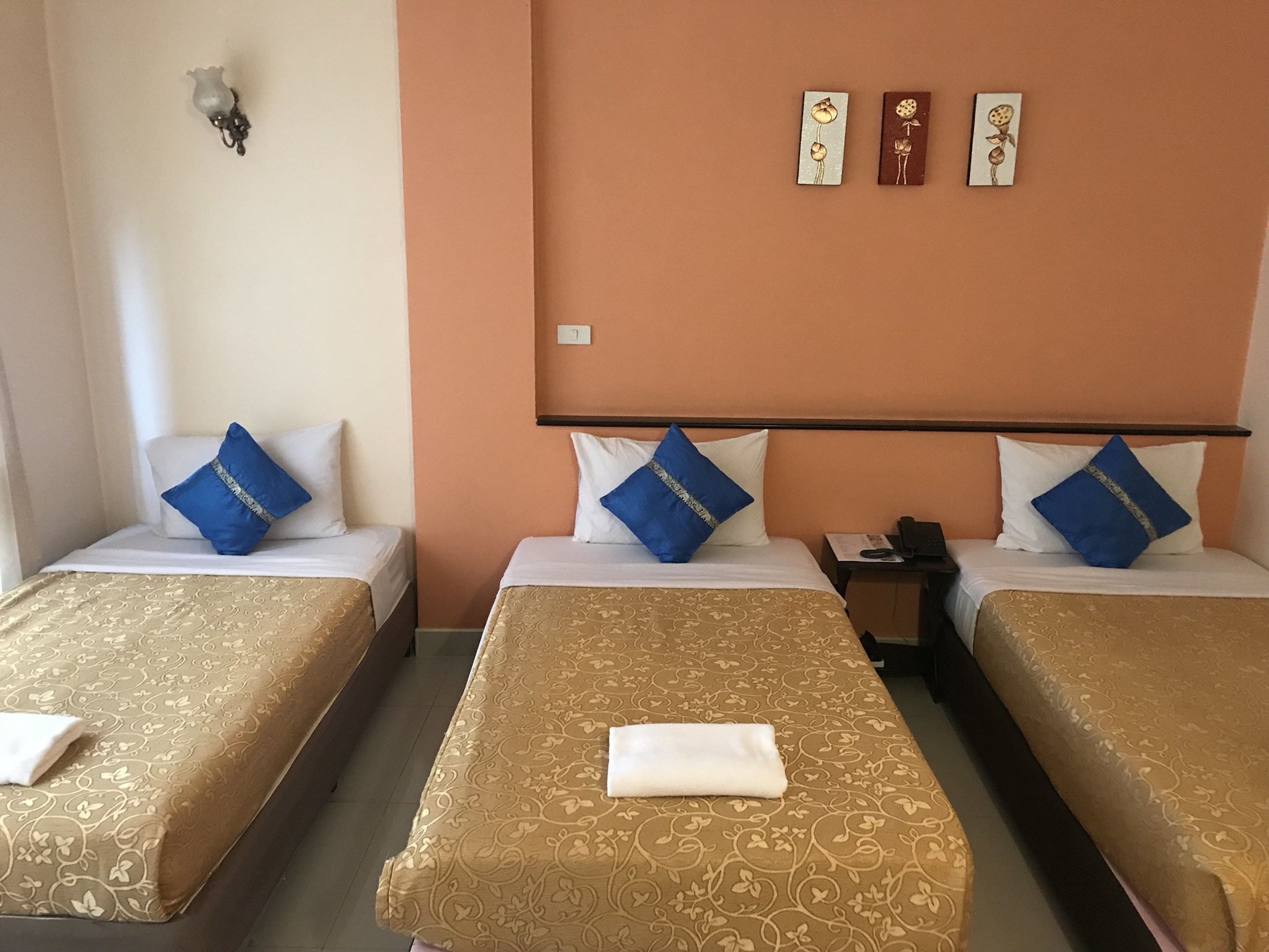 A hotel room with two single beds, each with a patterned bedspread and blue pillows. There is a nightstand with a phone and a lamp on one bed. The room has peach-colored walls and a small decorative item on the wall.