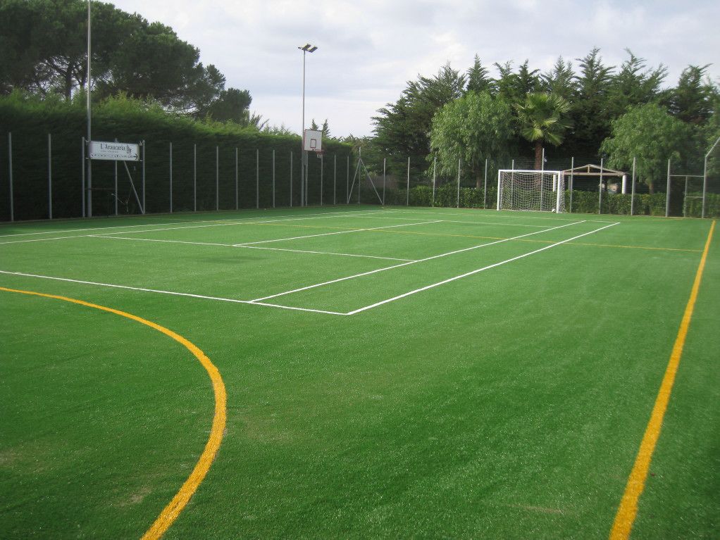 An indoor sports court with a goalpost, surrounded by a fence and trees.