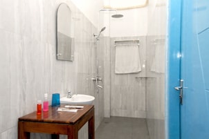 Shower, free toiletries, hair dryer, towels