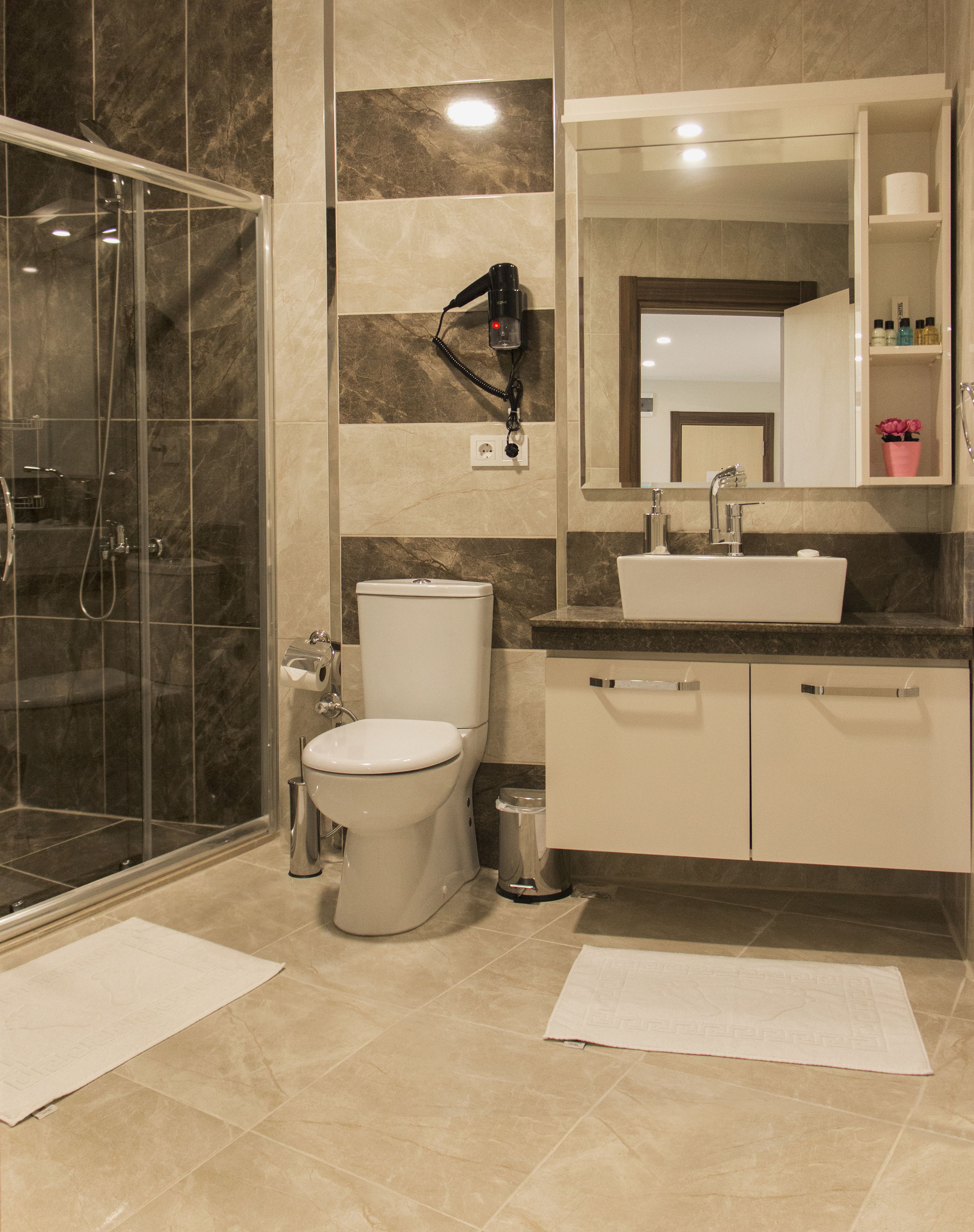 shower, free toiletries, hair dryer, slippers