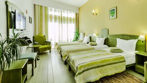 A hotel room with two beds, a TV, a desk, a chair, and a plant. - Ezio Brasov (Sacele)