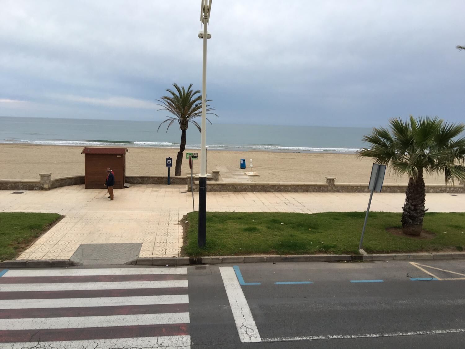 A beachside pedestrian walkway with a small shelter, palm trees, and a view of the ocean.