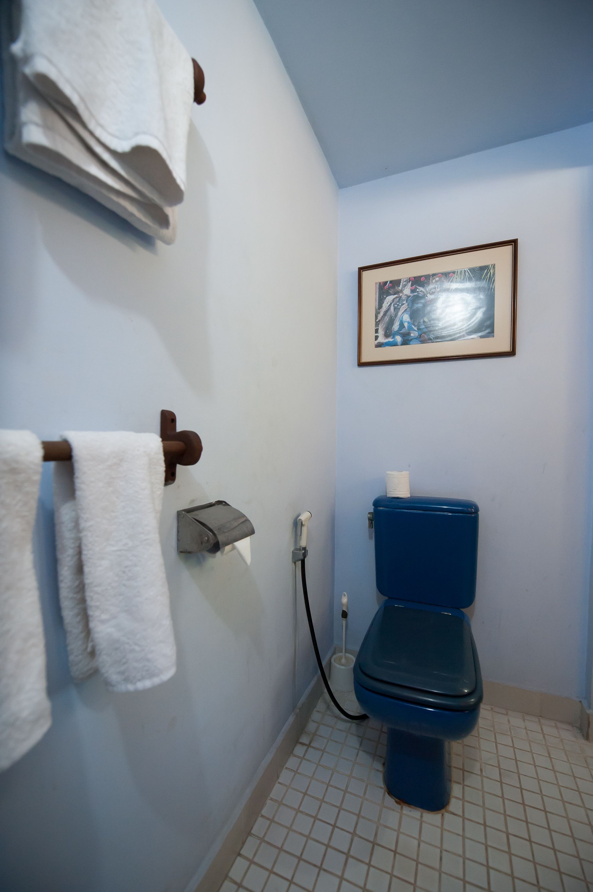 A bathroom with a blue toilet, a towel rack with white towels, a framed picture on the wall, and a tiled floor.