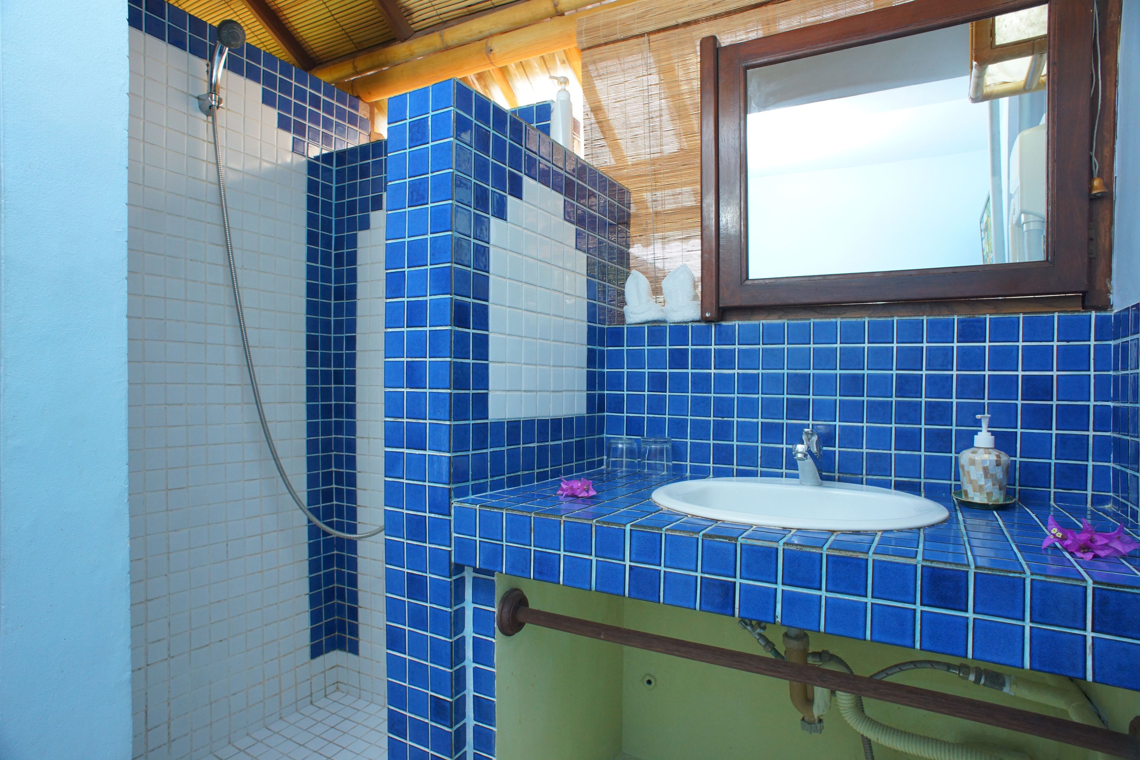 Casa de banho com paredes azulejadas em azul, uma sanita branca e um chuveiro.