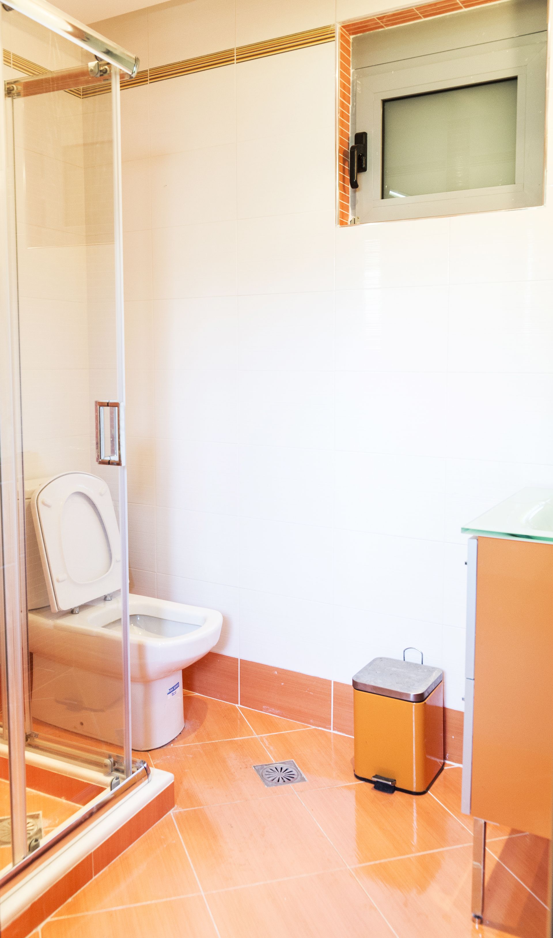 A bathroom with a glass shower enclosure, a toilet, a trash bin, and a sink with a mirror above it.