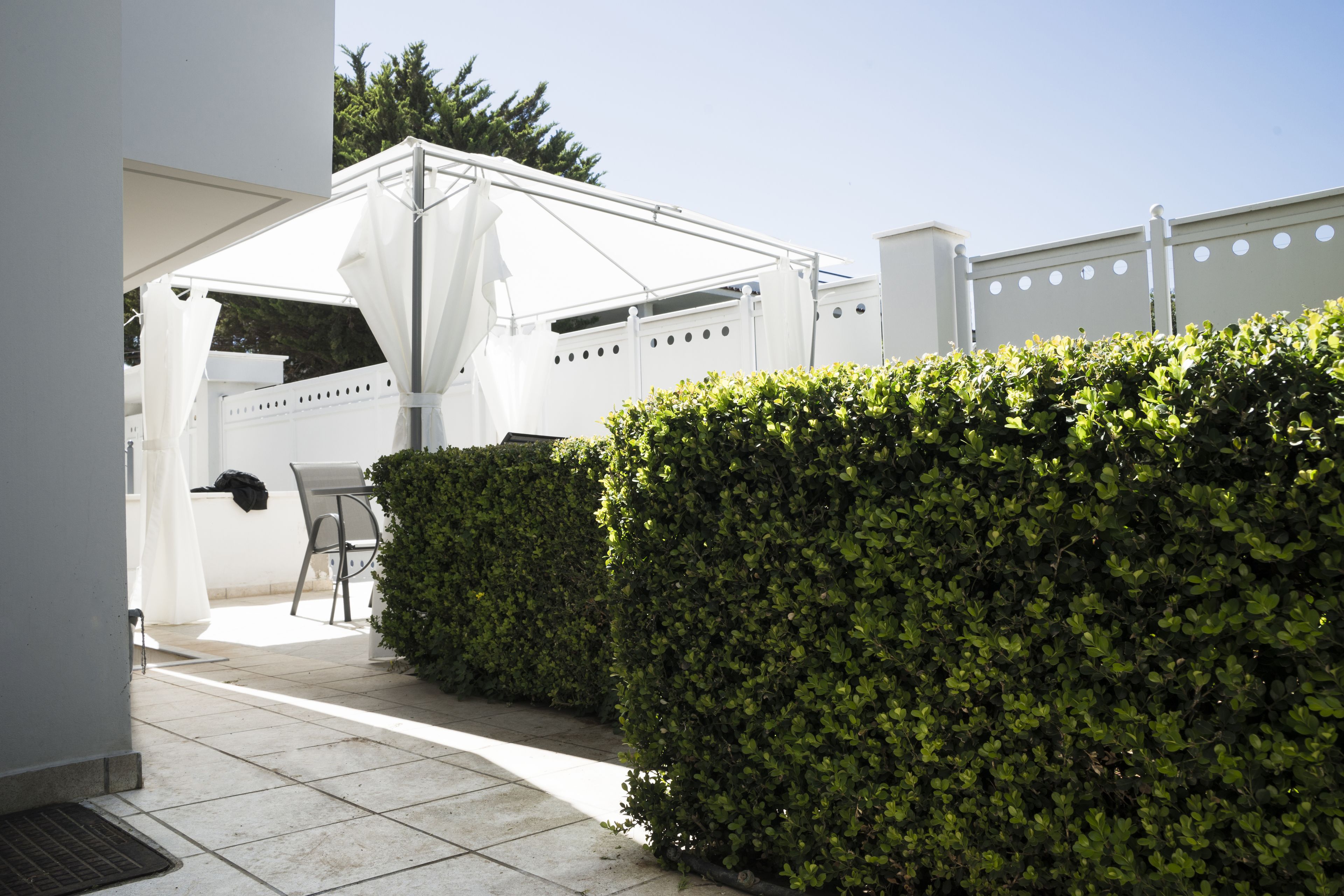 A patio area with a white tent structure, a chair, and neatly trimmed hedges.