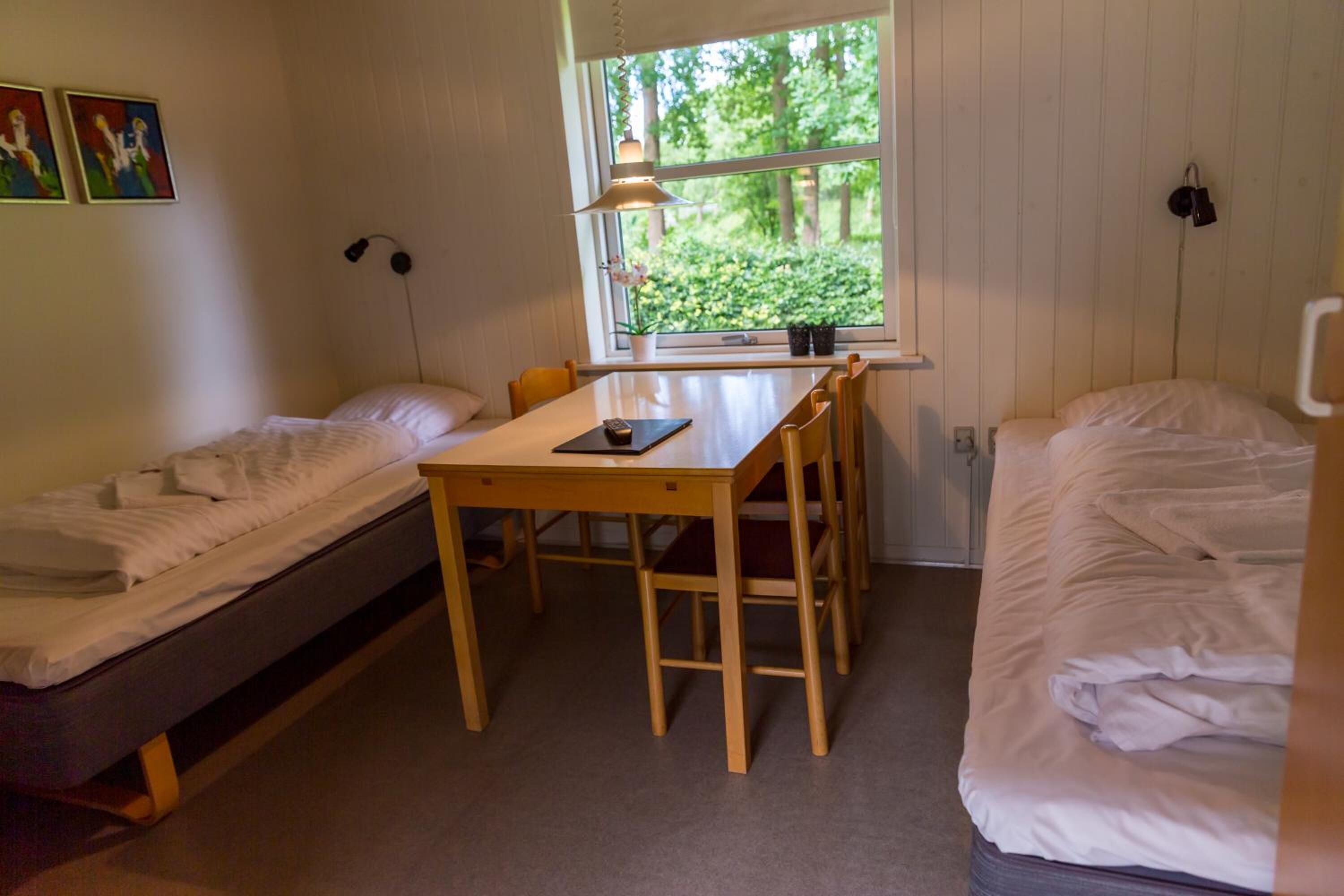A dormitory room with two single beds, a wooden desk, and a window with a view of greenery.