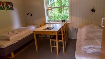 A dormitory room with two single beds, a wooden desk, and a window with a view of greenery.