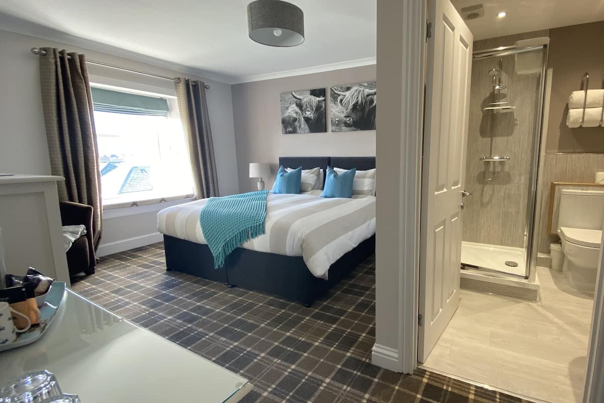A modern hotel room with a large bed, a shower, and a view of the city.