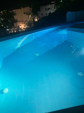 Outdoor pool, pool umbrellas, pool loungers