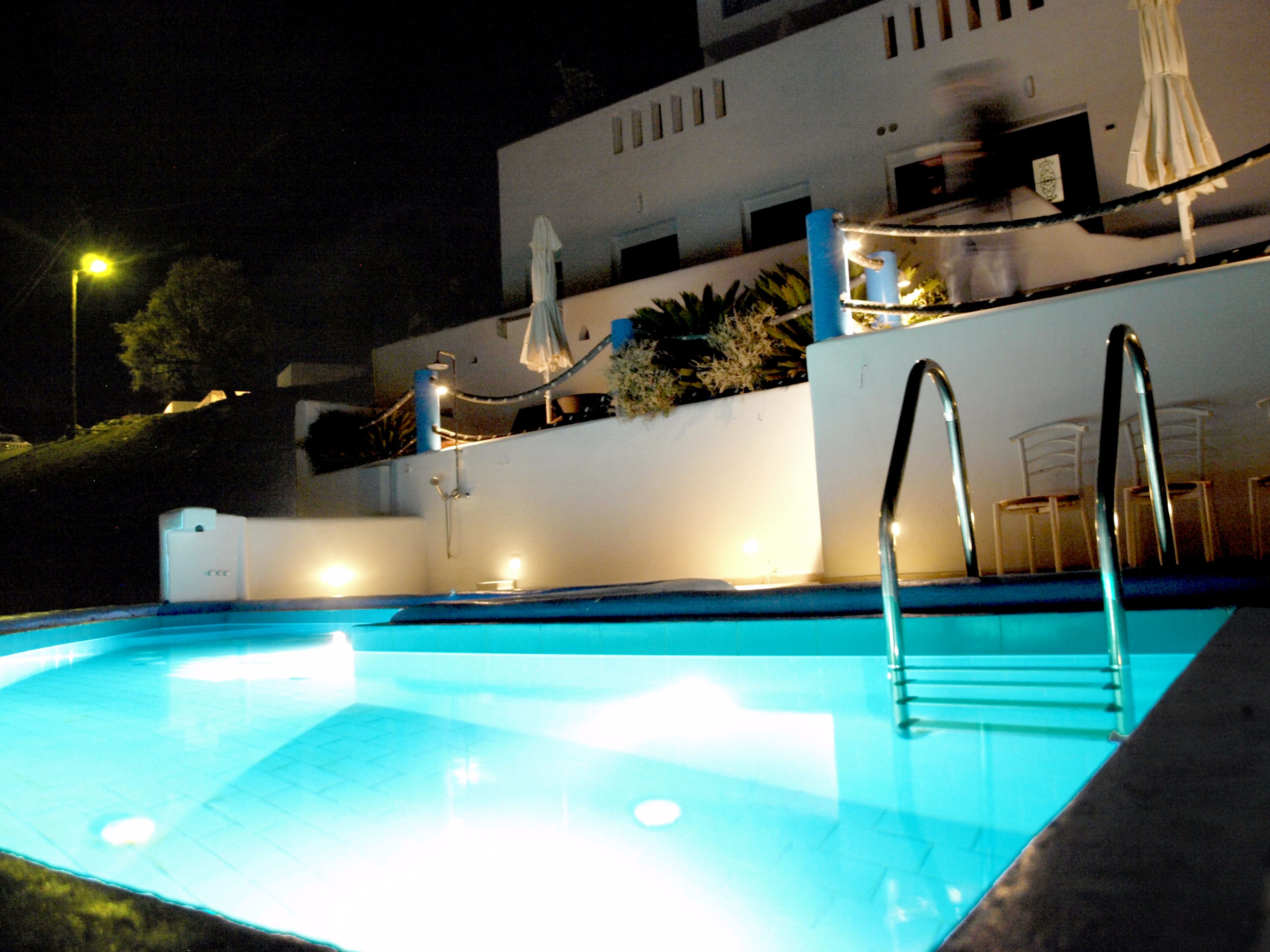 A swimming pool with metal ladders, a white wall with plants, and outdoor lighting.