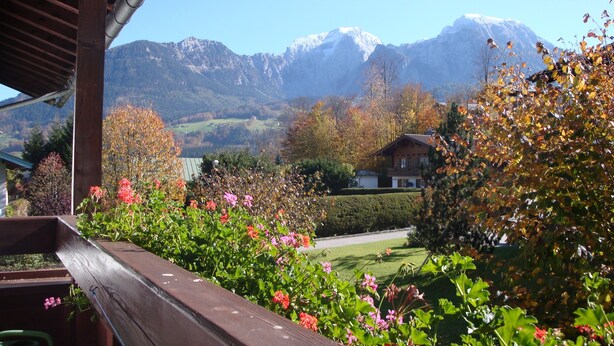 Un balcon en bois offrant une vue sur une chaîne de montagnes et un jardin parsemé de fleurs aux couleurs vives.