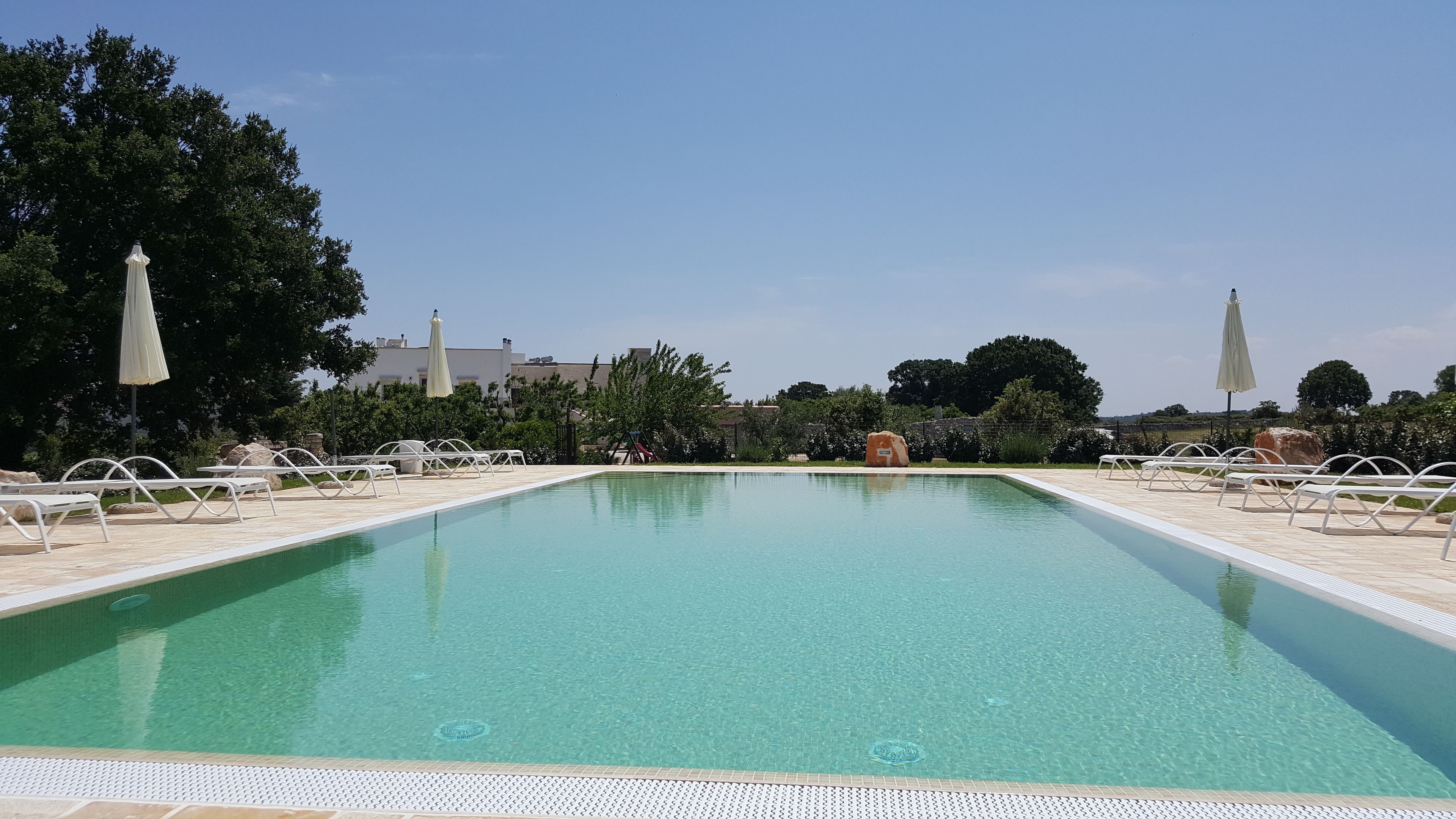 A rectangular swimming pool with clear blue water, surrounded by white lounge chairs and umbrellas, set against a backdrop of trees and buildings.