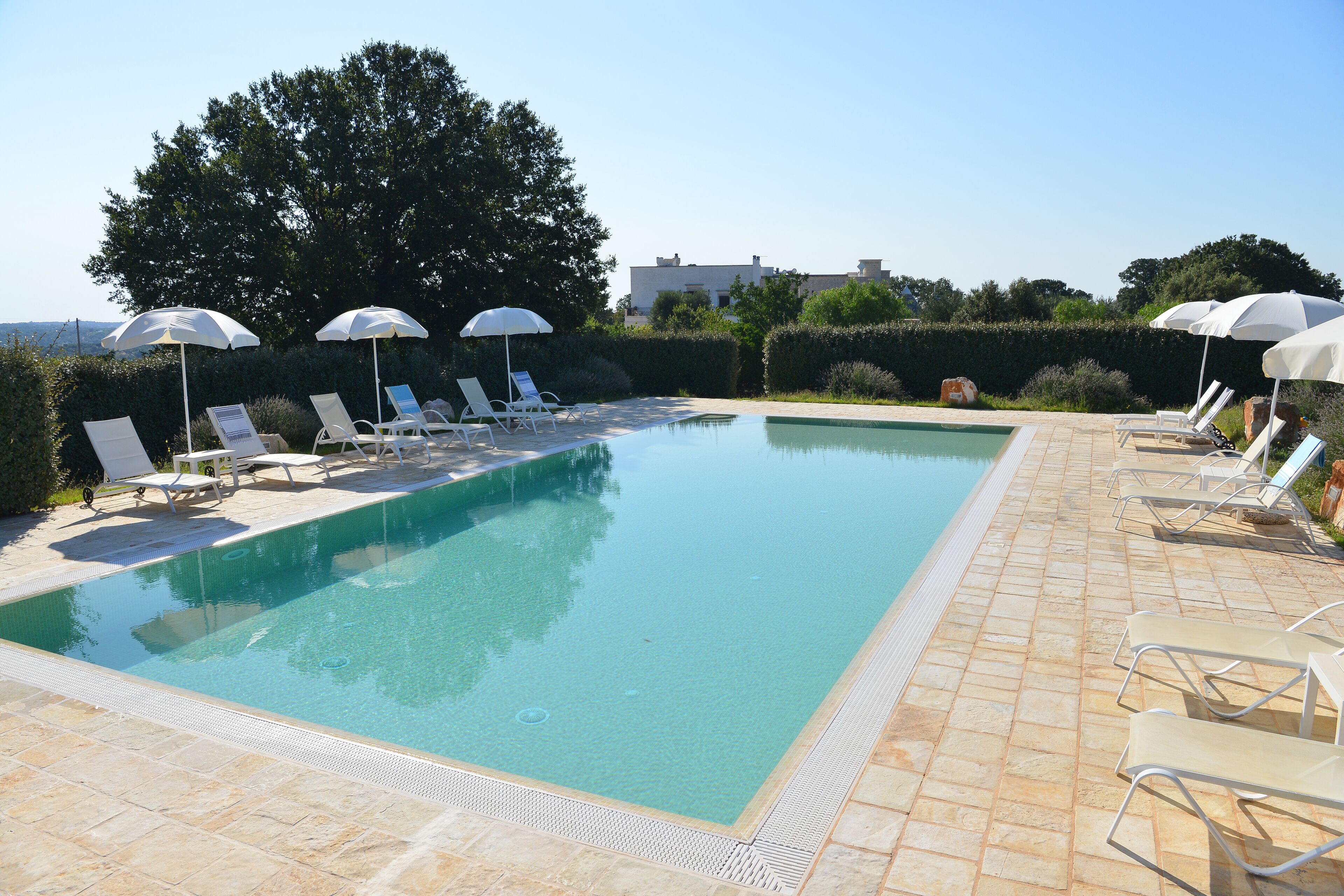 Une piscine rectangulaire à l’eau d’un bleu limpide, entourée d’une terrasse carrelée. Plusieurs chaises longues blanches et des parasols sont disposés le long du bord de la piscine.