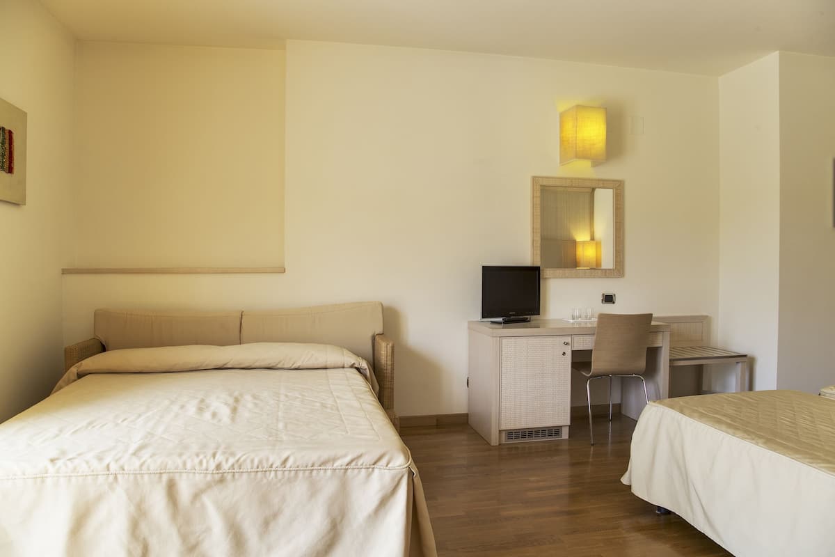 A hotel room with a bed, a desk, a chair, and a television.