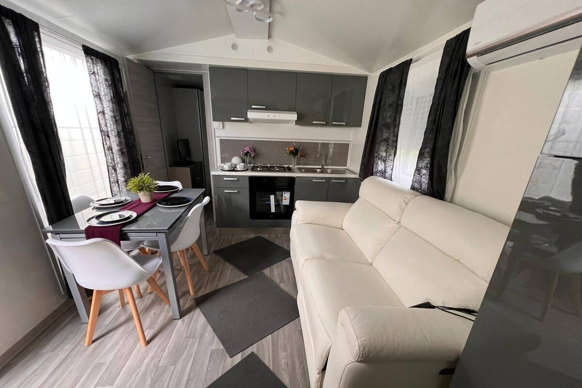 A compact living space with a dining area, kitchenette, and a sofa.