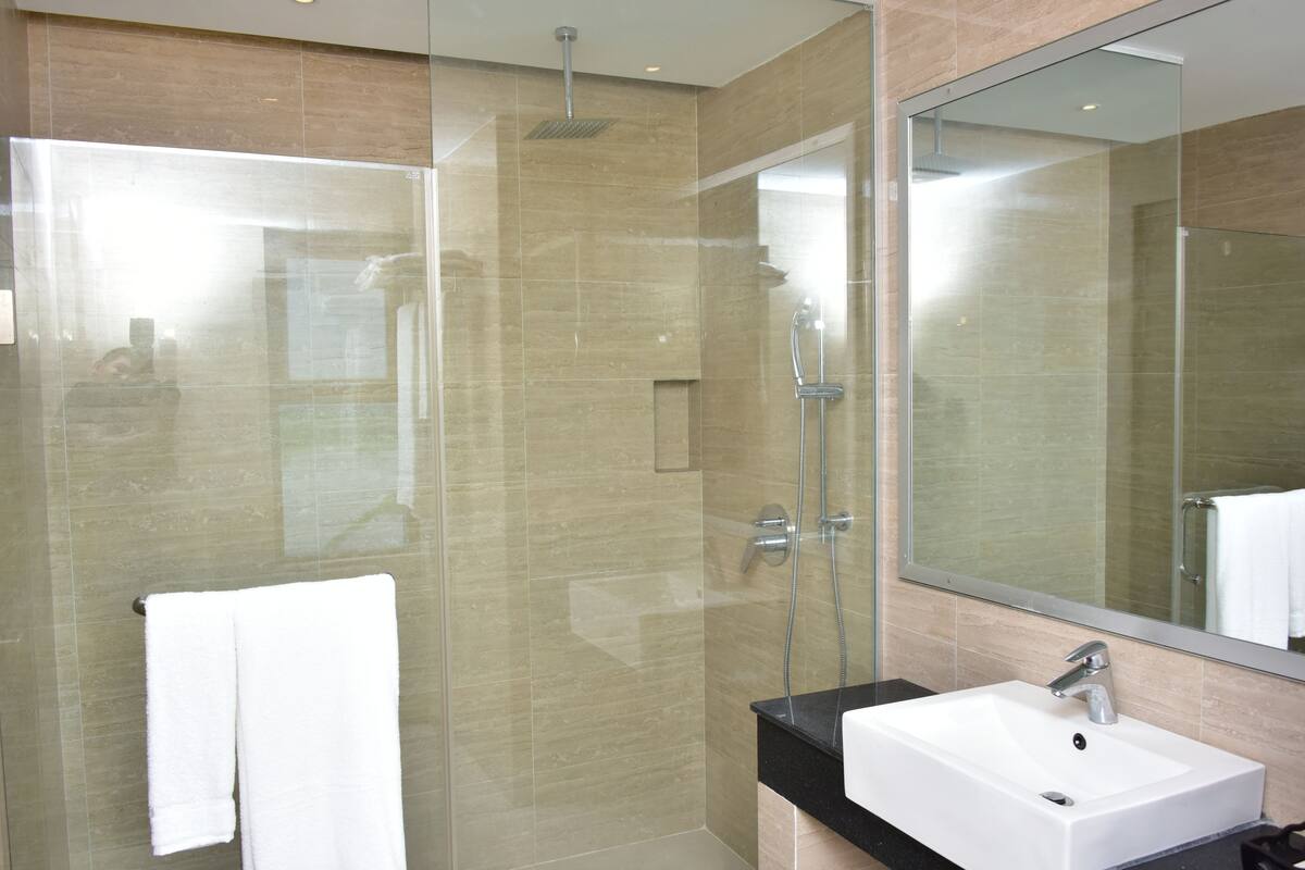 A modern bathroom with a glass-enclosed shower, a white sink, and a large mirror.