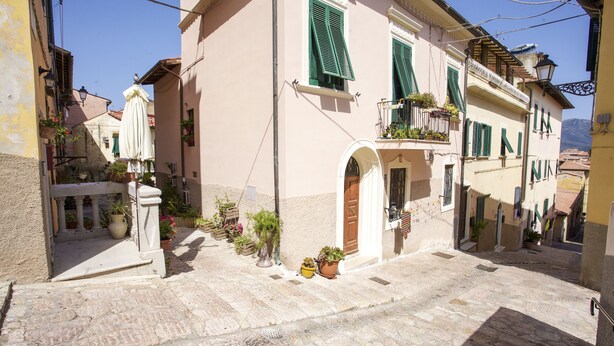 A narrow cobblestone street flanked by buildings with balconies and potted plants.