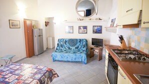 A compact living space with a kitchenette, a sofa, a bed, and a small dining table.