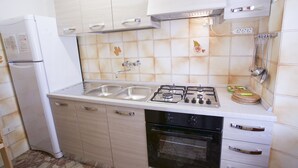 Une cuisine avec un réfrigérateur blanc, un évier à deux bacs, une cuisinière à gaz, un four et des armoires en bois.