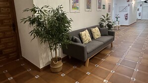 Un pasillo con un sofá gris, una planta grande en maceta y cuadros en la pared.