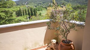Ein Balkon mit einem Blumentopf und einer kleinen Figur.