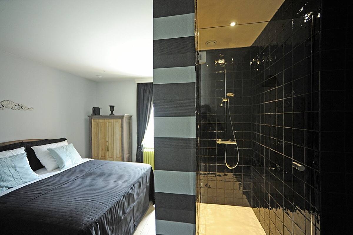 A modern bedroom with a large bed, a wooden wardrobe, and a separate bathroom with a glass shower enclosure.