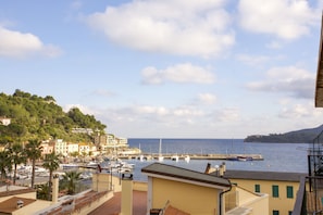 A coastal town with buildings, a marina, and boats.
