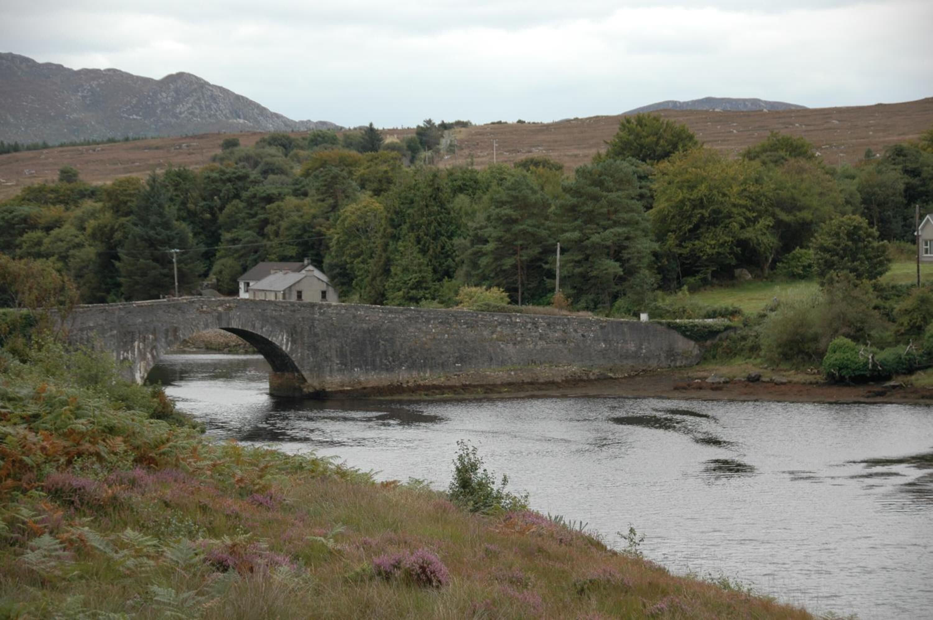 A stone bridge over a river with a house on the right bank.