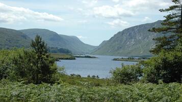 A mountainous landscape with a lake surrounded by greenery and trees.