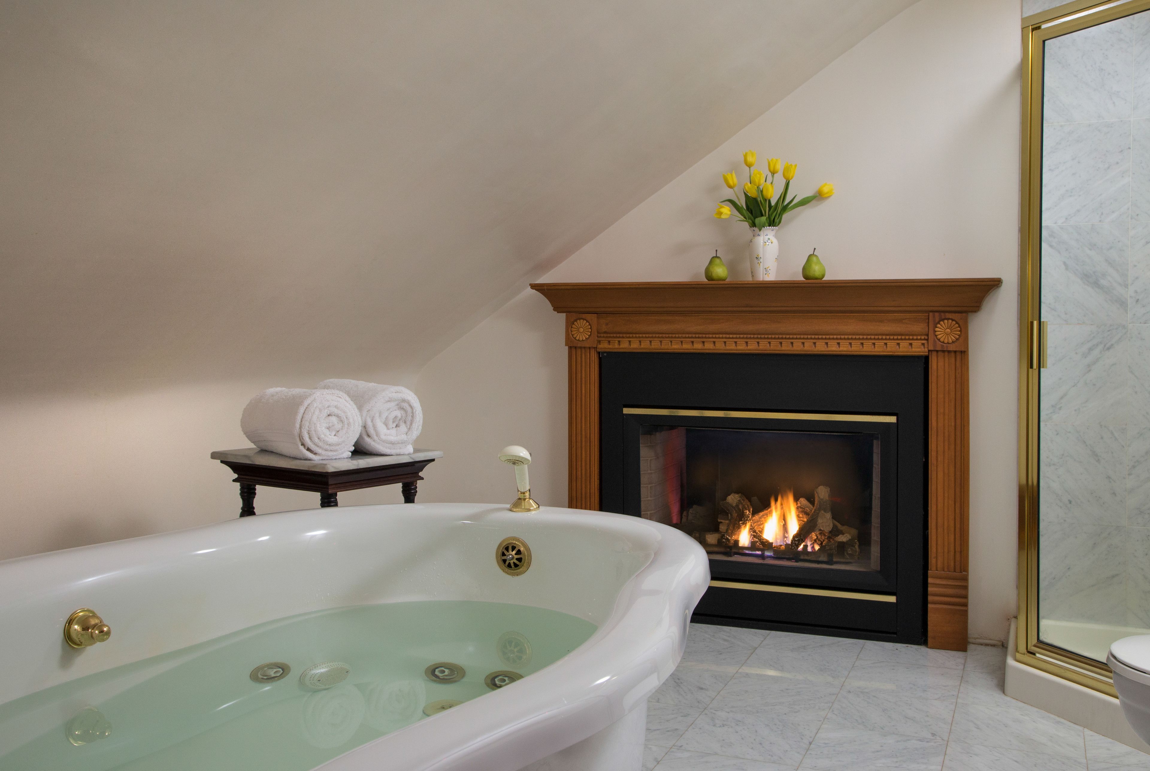 A bathroom with a freestanding bathtub, a fireplace, and a marble floor.