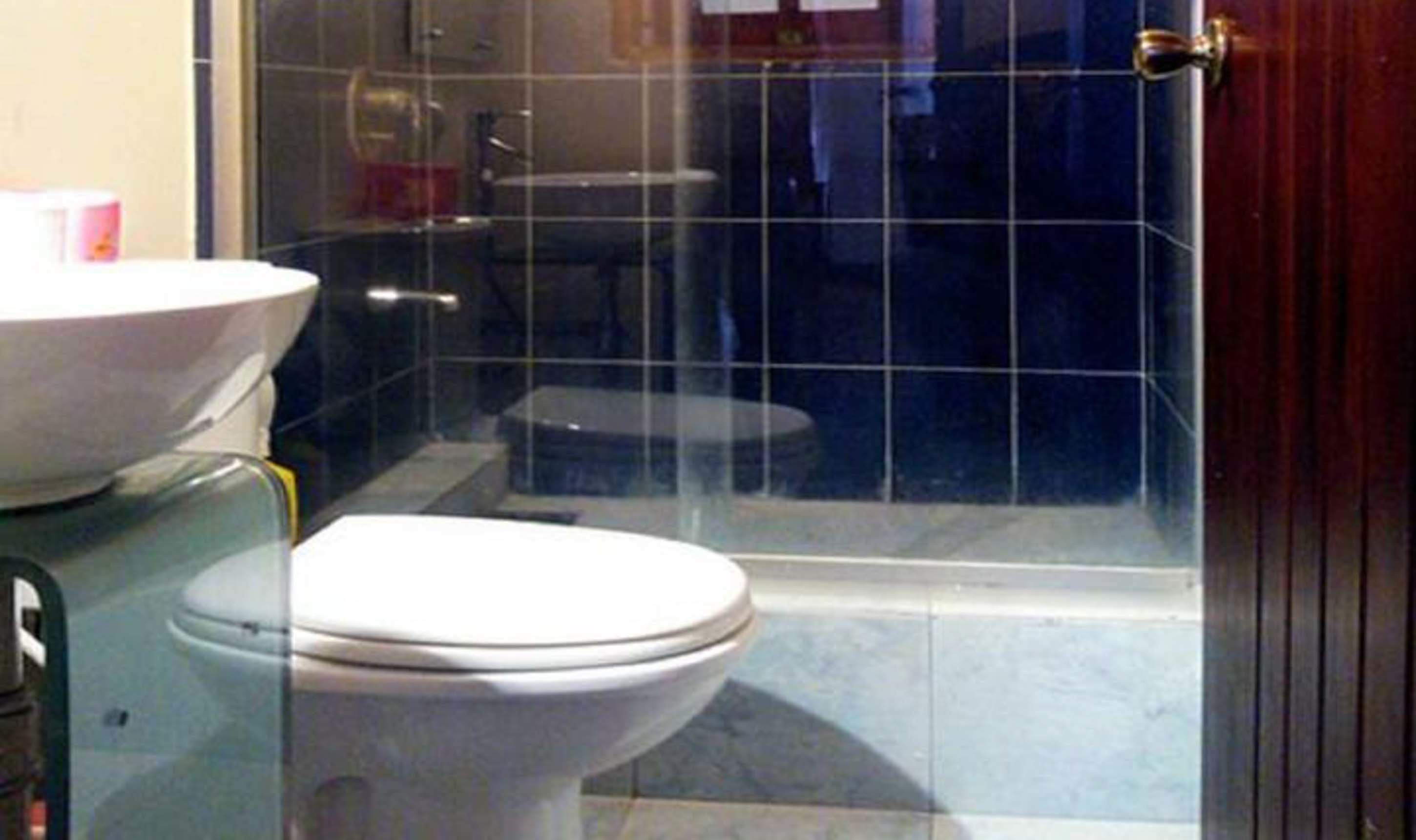 A bathroom with a toilet, a sink, and a shower enclosure.